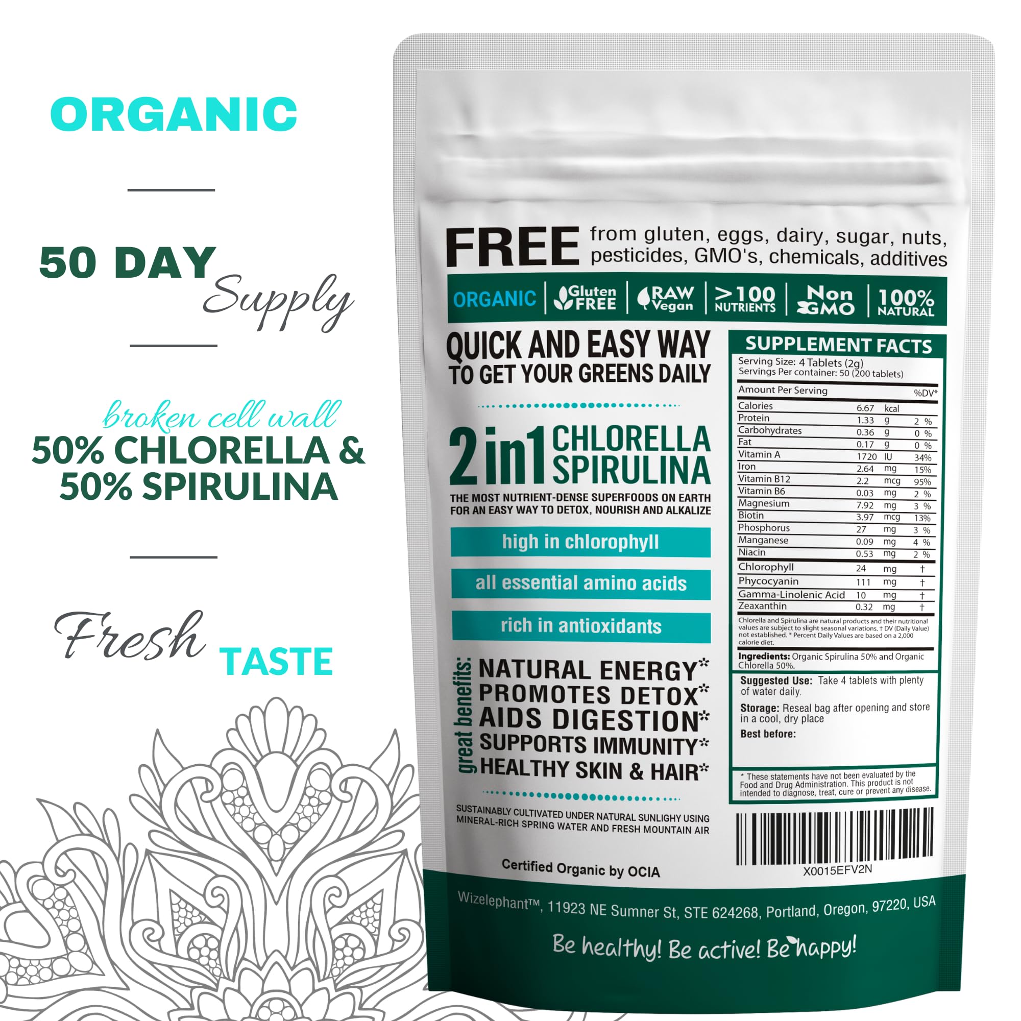 Close-up de tabletas Wizelephant espirulina chlorella mostrando textura fina y compacta