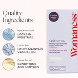 Womaness etiqueta de ingredientes que resalta fórmula sin hormonas