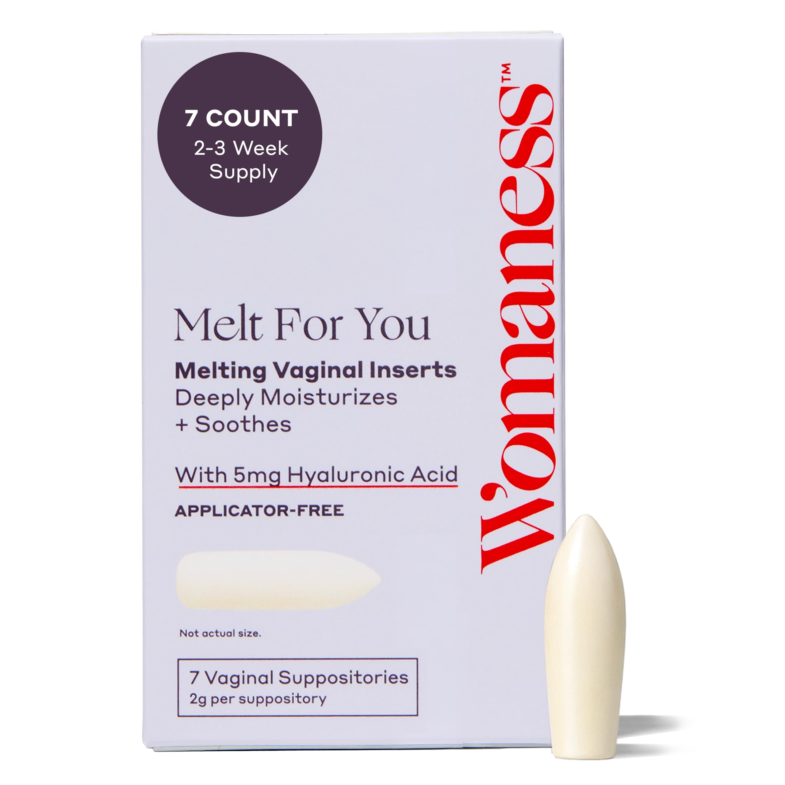 Womaness empaque frontal mostrando 7 supositorios y beneficios de hidratación