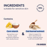 womn etiqueta de ingredientes resaltando origen natural y avena calmante