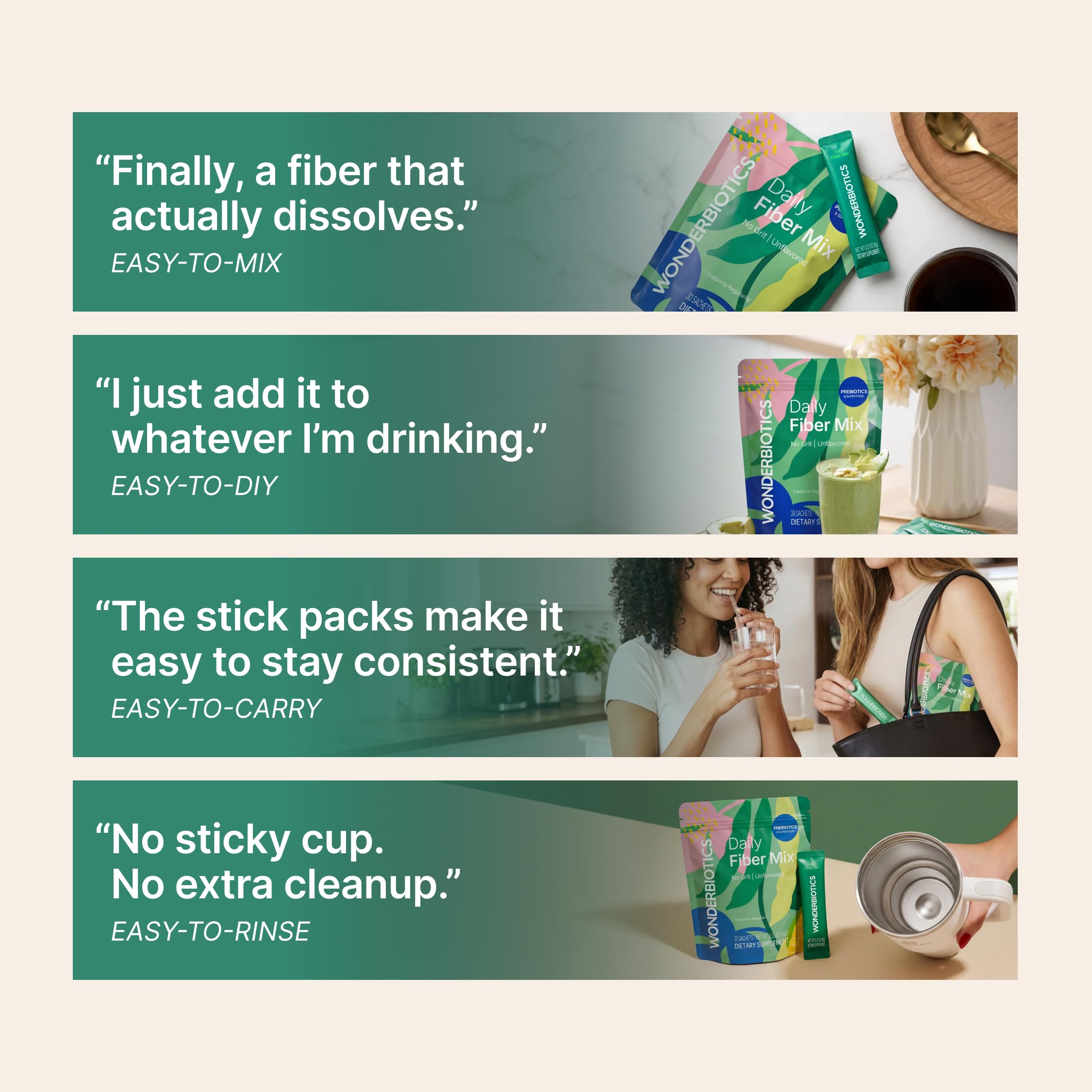 WonderBiotics etiqueta de ingredientes destacando las cinco fibras