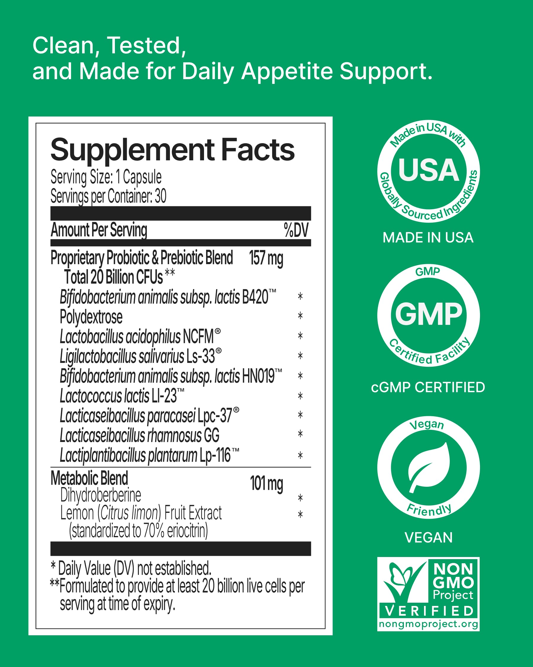 WonderBiotics listado de ingredientes en zoom destacando cepas y DHB