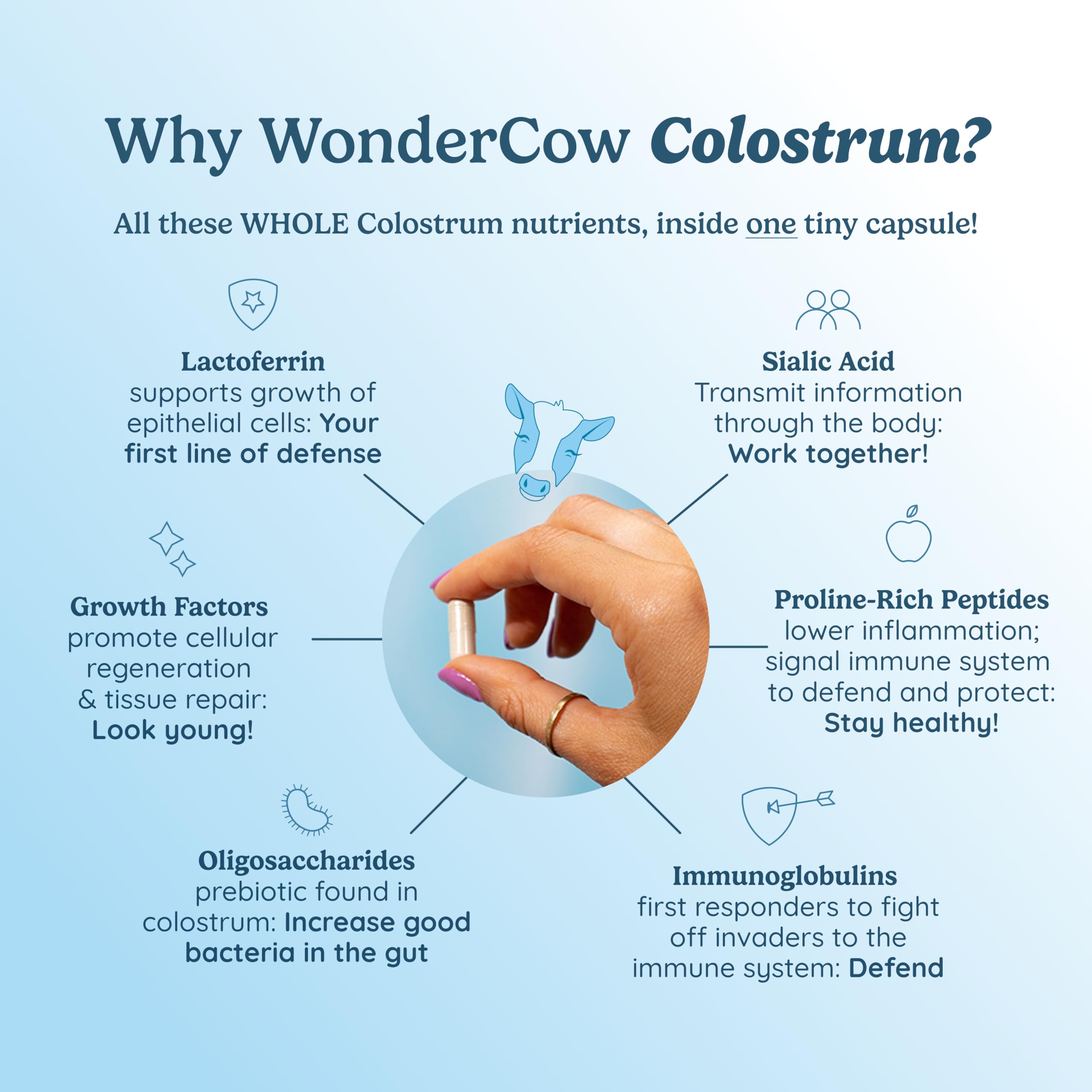 WONDERCOW cápsulas en mano mostrando tamaño y facilidad de ingesta