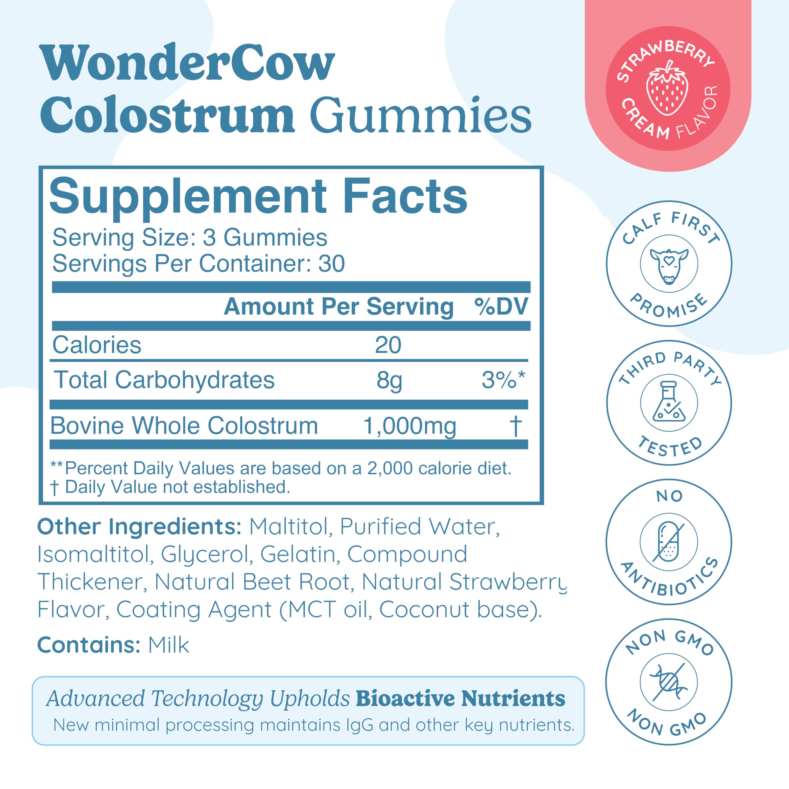 WONDERCOW etiqueta con información nutricional y pruebas de terceros visibles