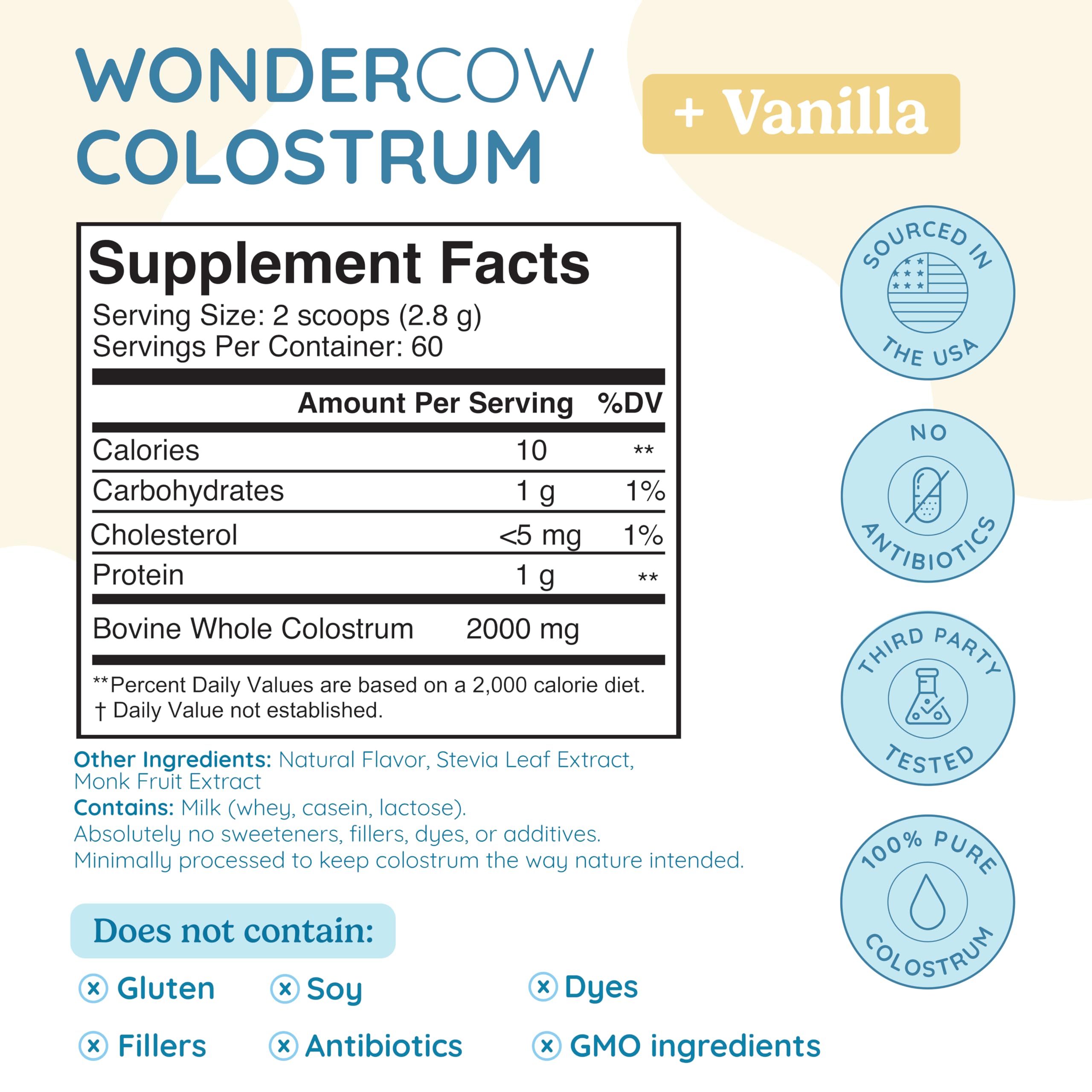 WONDERCOW sobre individual de colostro en polvo sabor vainilla, práctico para llevar y dosificar