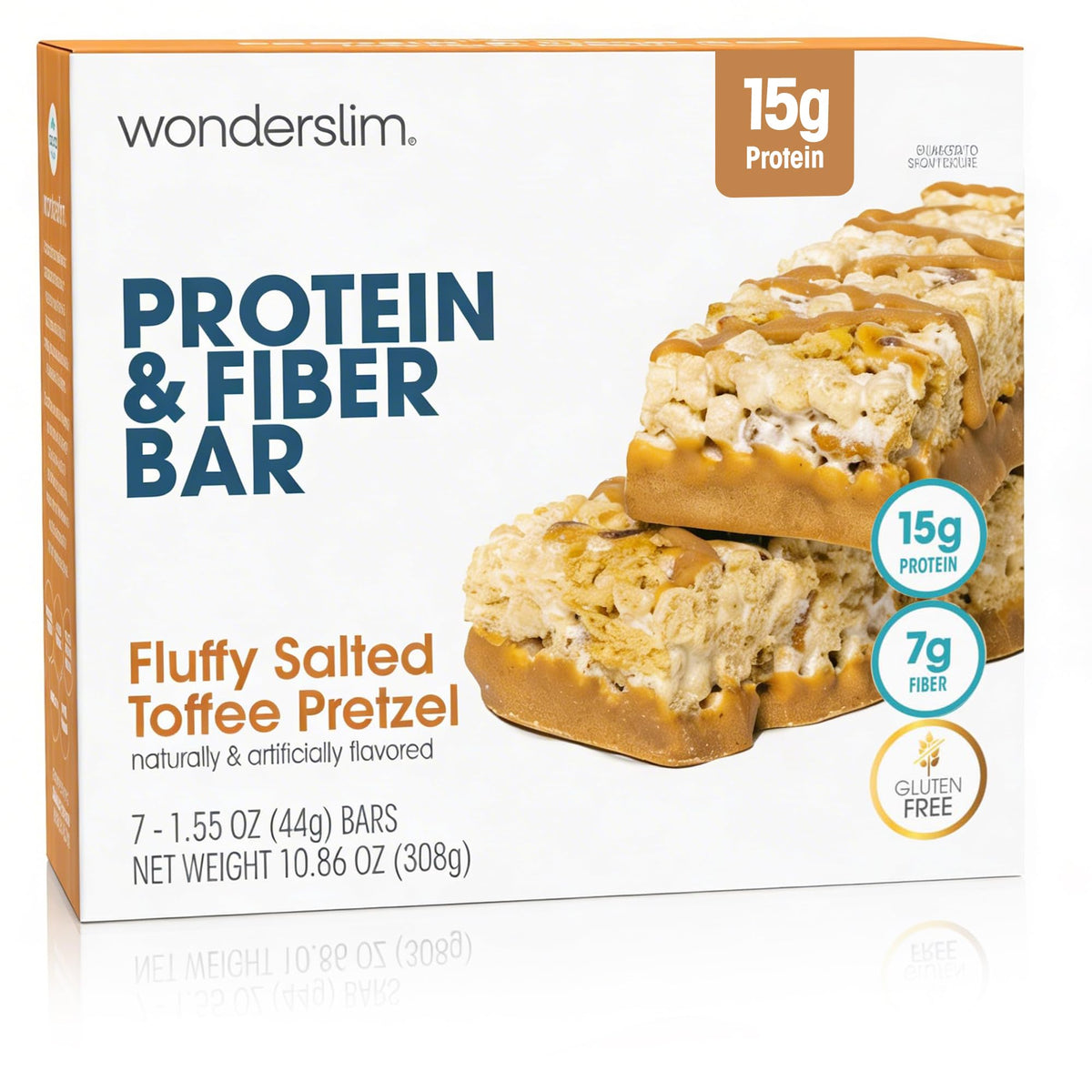 Wonderslim barra pack frontal mostrando siete unidades y sabor salado toffee
