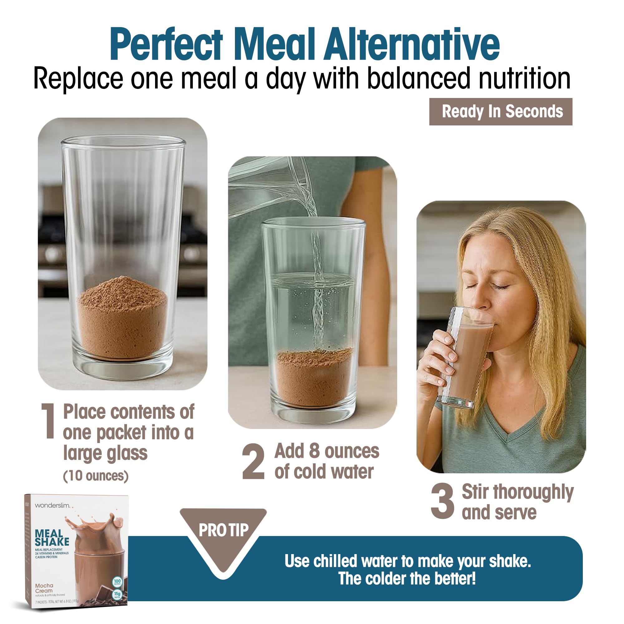 WonderSlim batido sobre escritorio de oficina como opción nutritiva y rápida