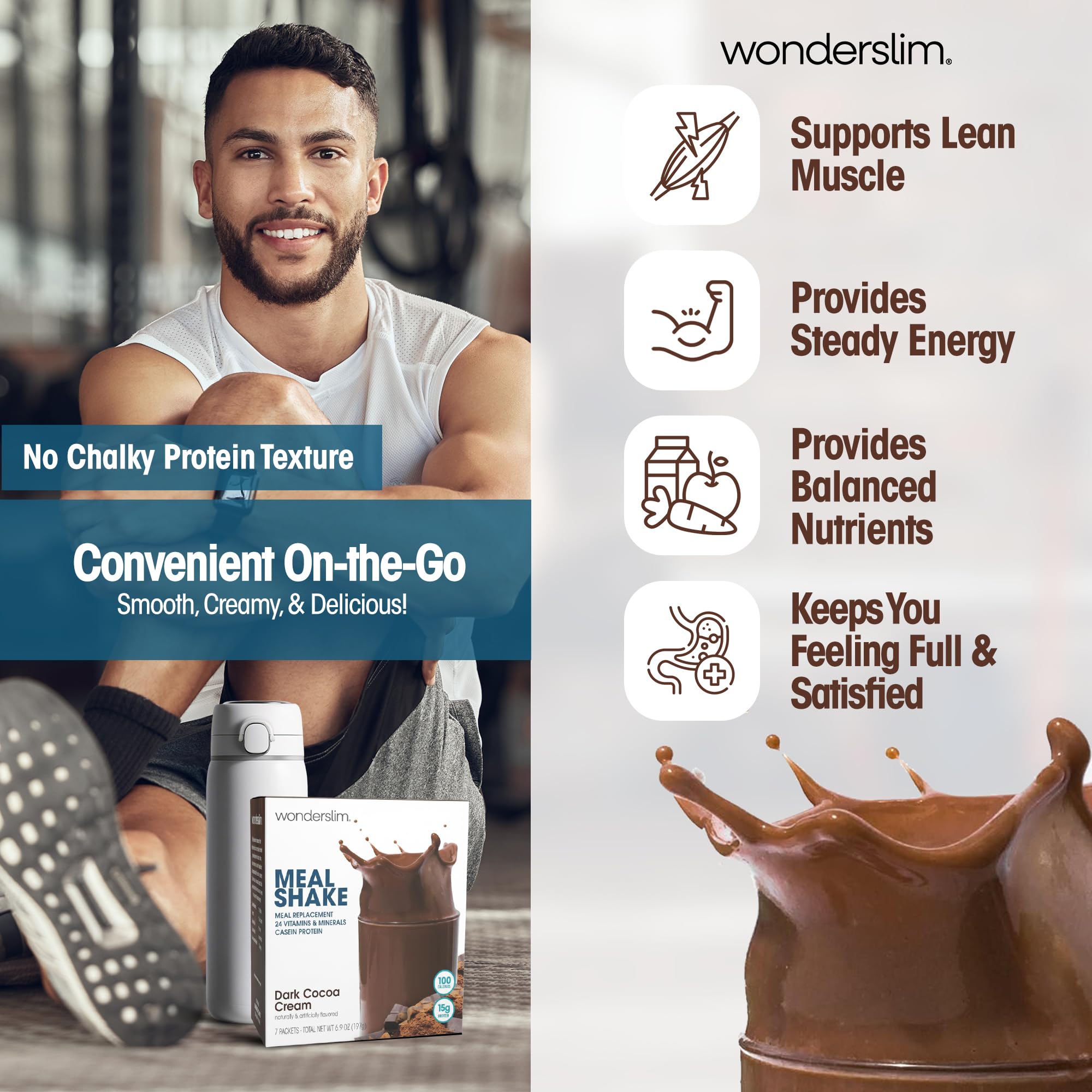 WonderSlim batido preparado en vaso listo para beber con aspecto cremoso y apetitoso