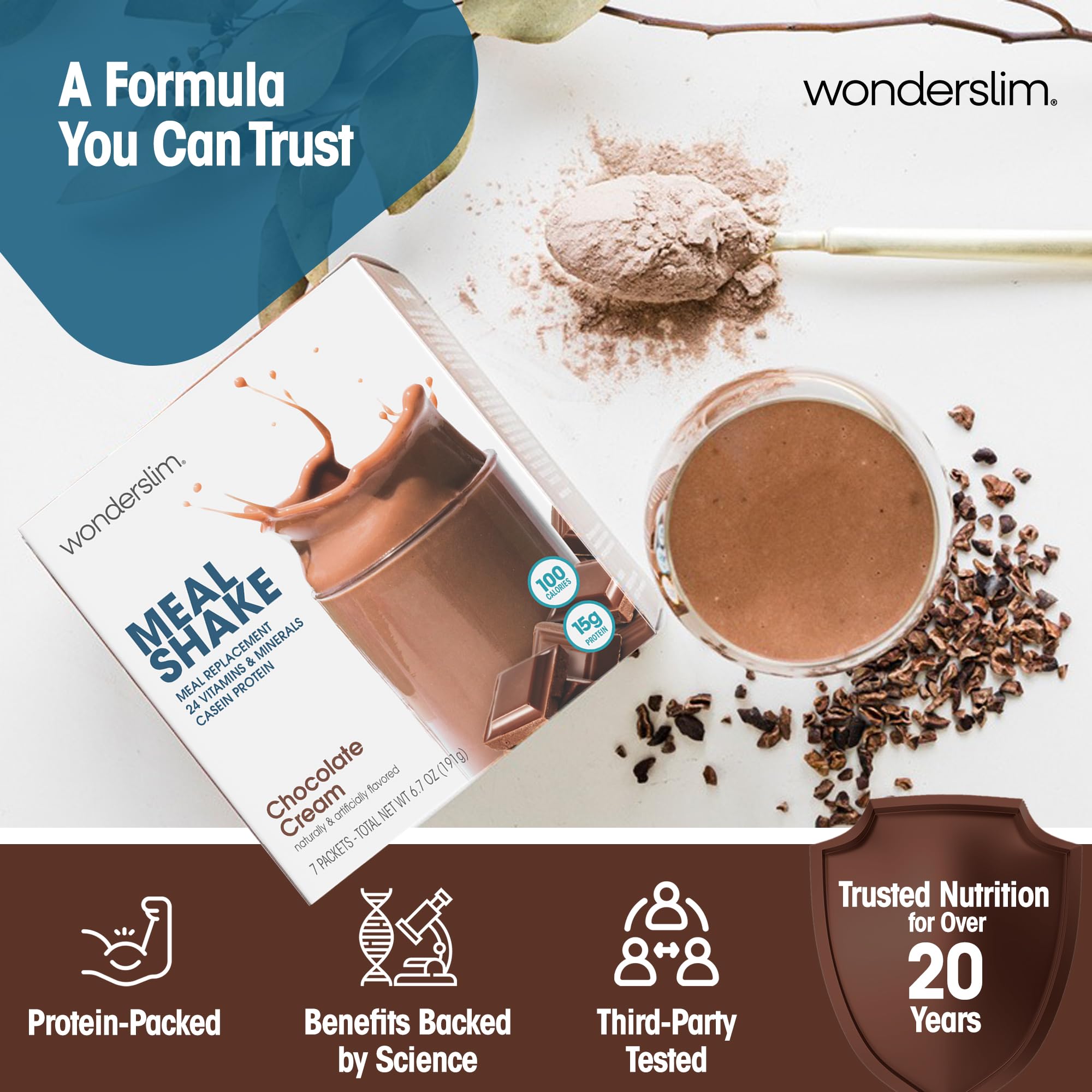 WonderSlim batido preparado en vaso con espuma, satisfacción y bajo en calorías