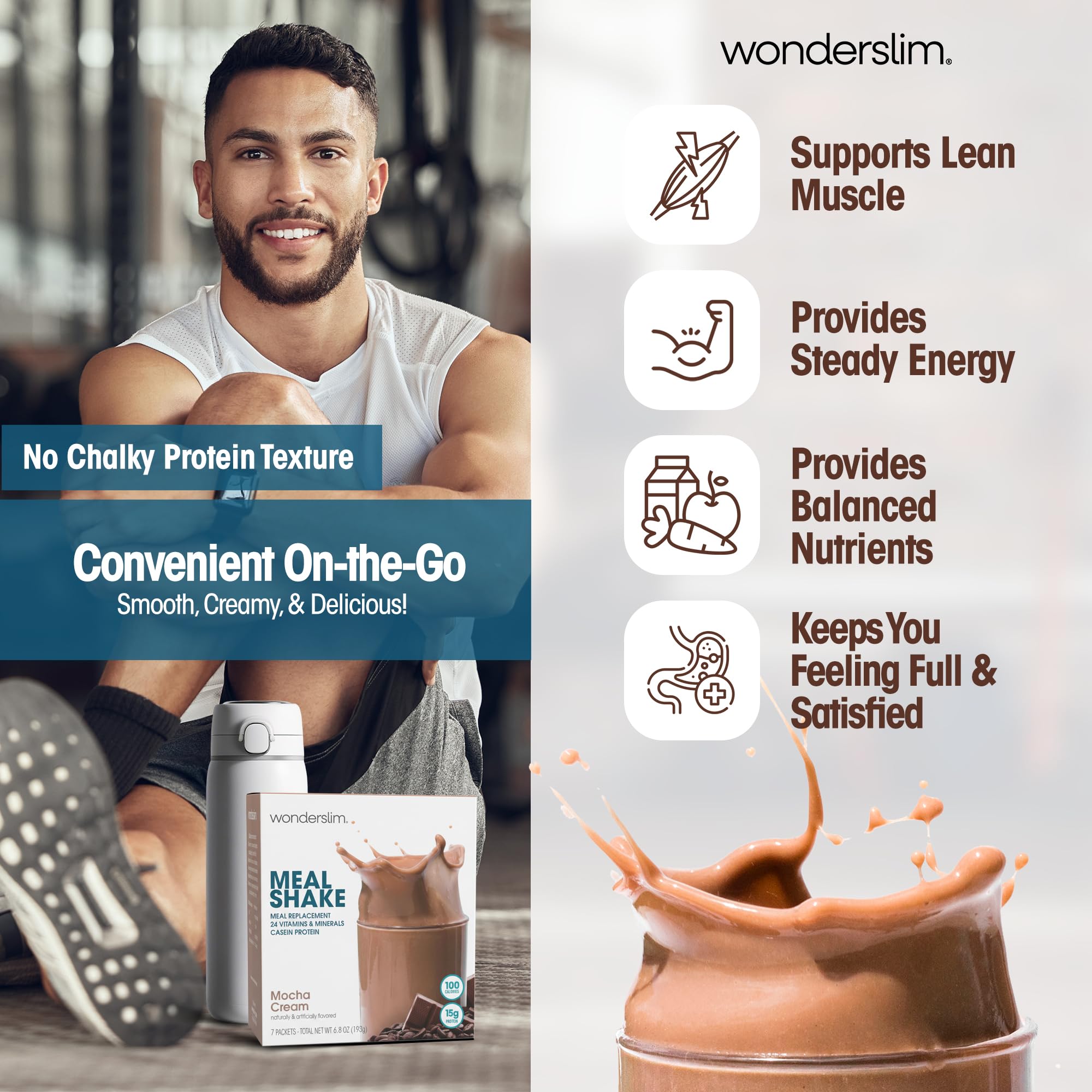 WonderSlim batido Mocha Cream servido en vaso mostrando cremosidad apetecible
