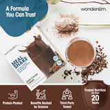 WonderSlim etiqueta nutricional detallada mostrando 15 g proteína y 24 vitaminas minerales