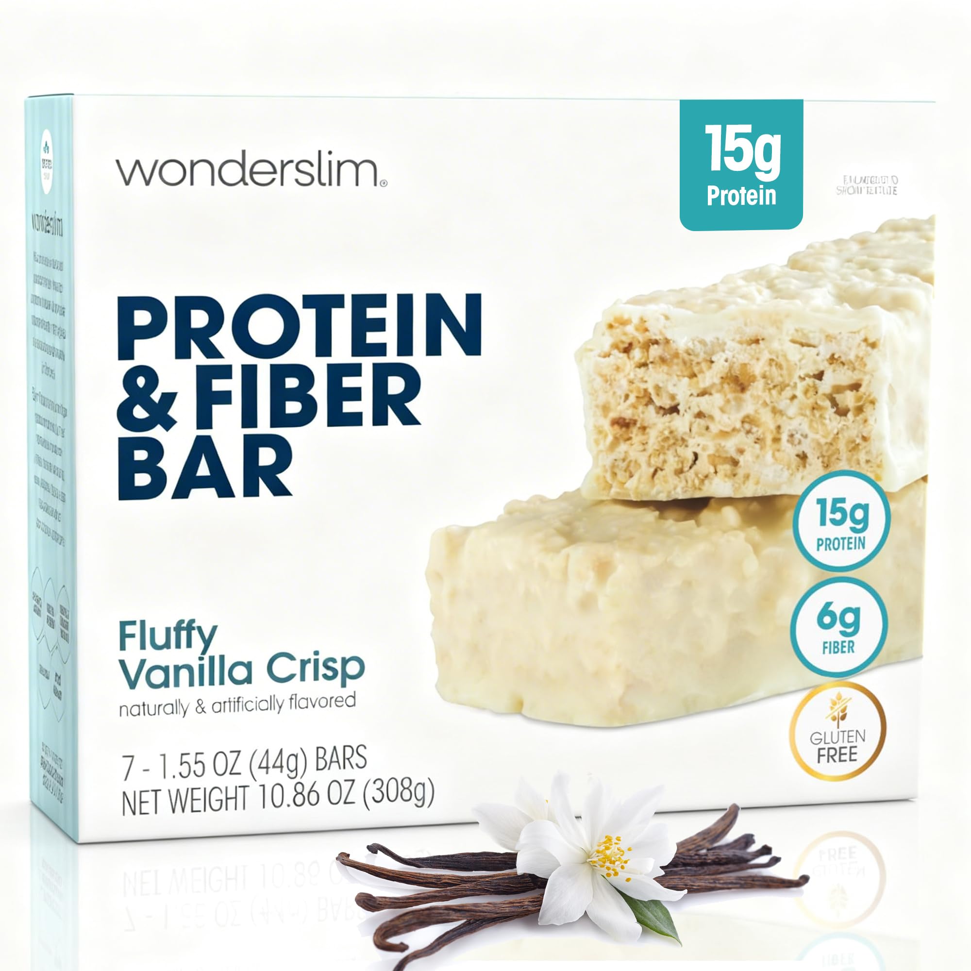 Wonderslim paquete frontal mostrando sabor Fluffy Vanilla Crisp y conveniencia