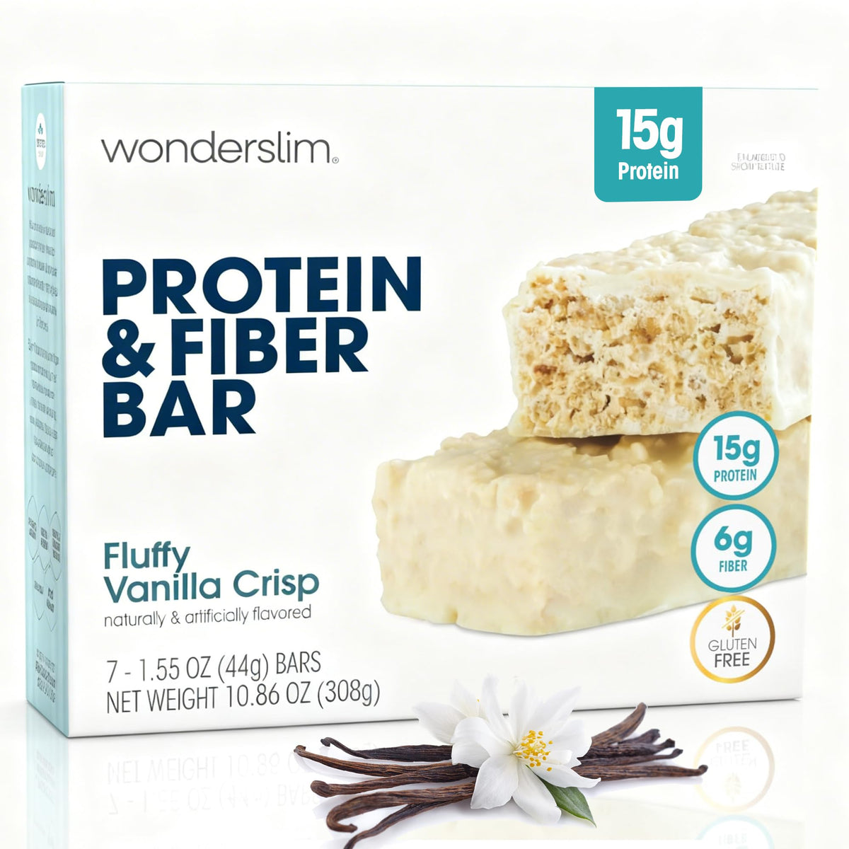 Wonderslim paquete frontal mostrando sabor Fluffy Vanilla Crisp y conveniencia