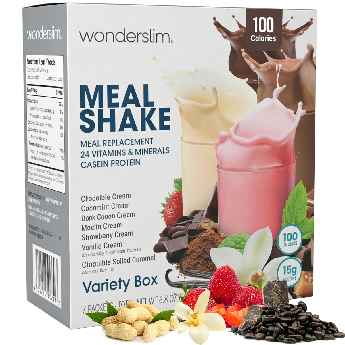 WonderSlim vista frontal del paquete mostrando los sabores y beneficios