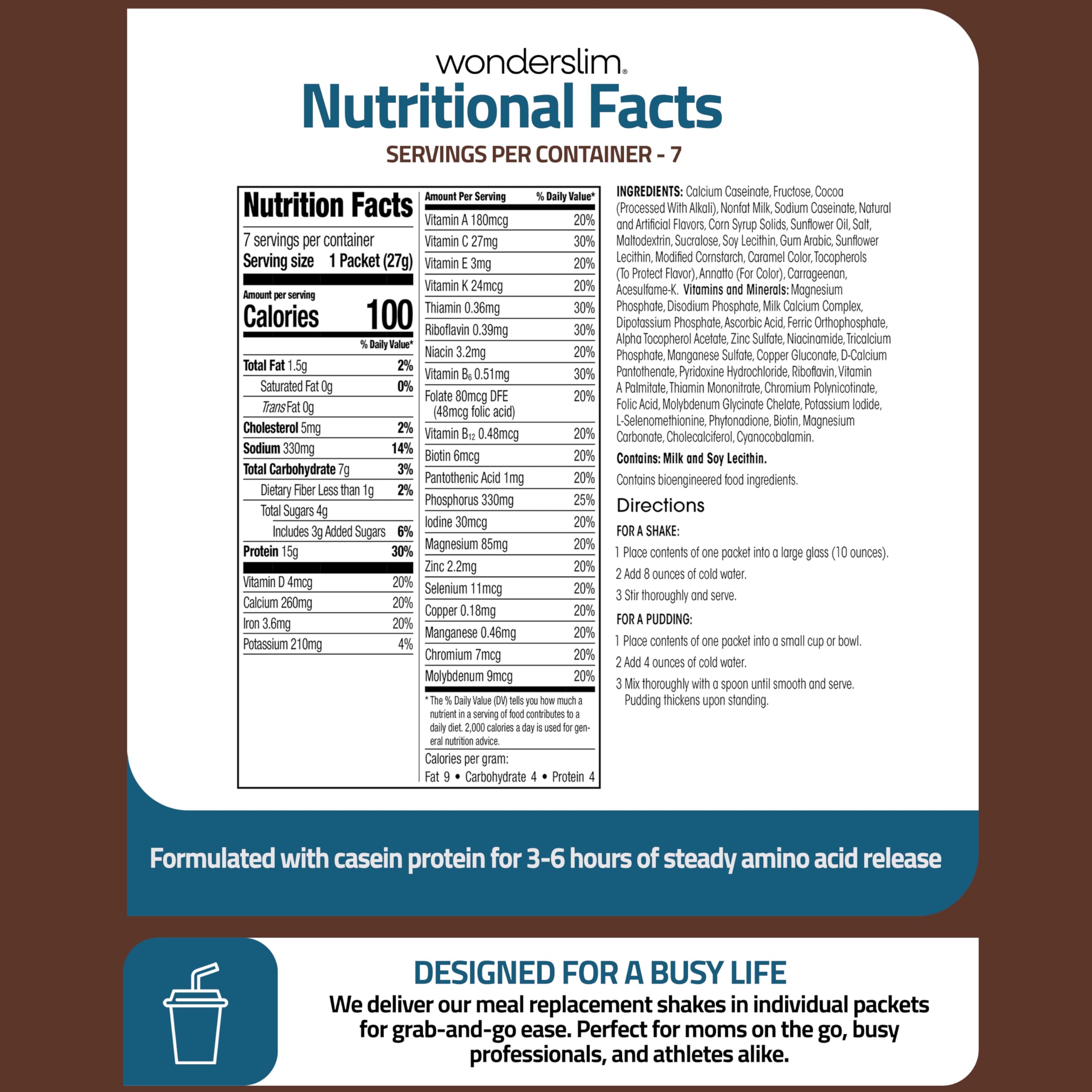 WonderSlim etiqueta nutricional mostrando 15g proteína y 24 vitaminas