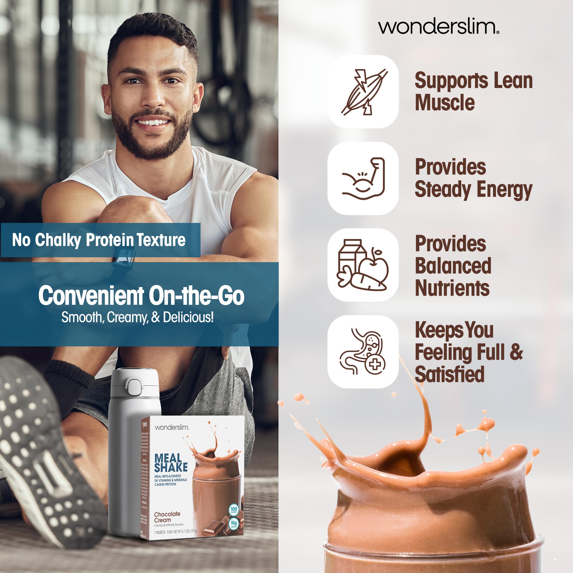 WonderSlim sobre abierto con polvo listo para mezclar, conveniencia instantánea