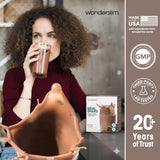 WonderSlim etiqueta nutricional y sobres destacando 15 g proteína y 24 vitaminas
