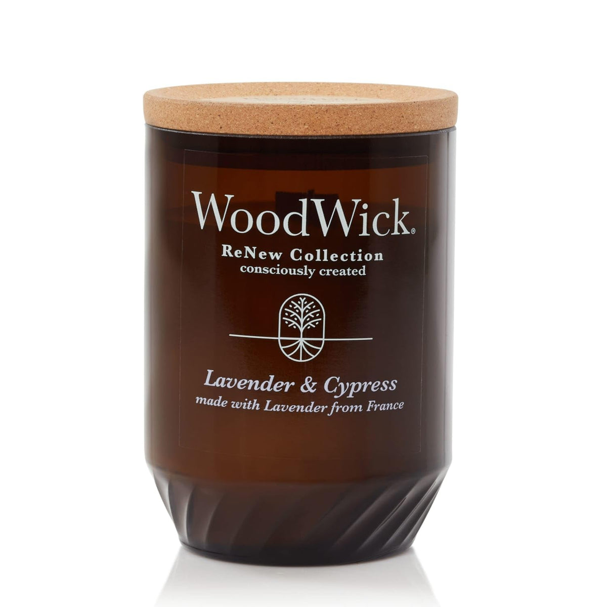 WoodWick vista frontal del frasco ámbar mostrando diseño y elegancia