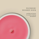 WoodWick etiqueta con nombres Melon Blossom Coastal Sunset y Palo Santo claros