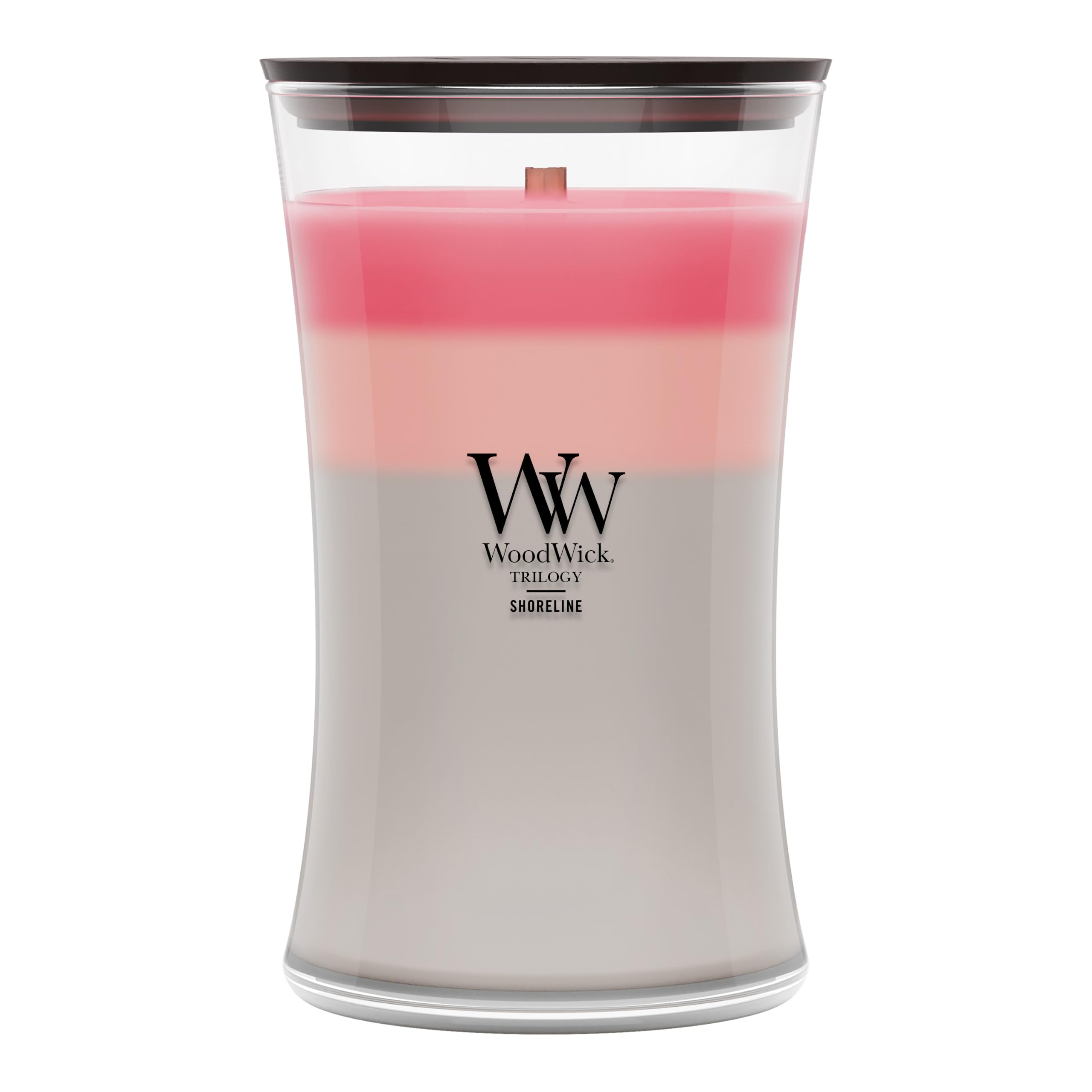 WoodWick vela Shoreline frente mostrando jarra hourglass y diseño elegante