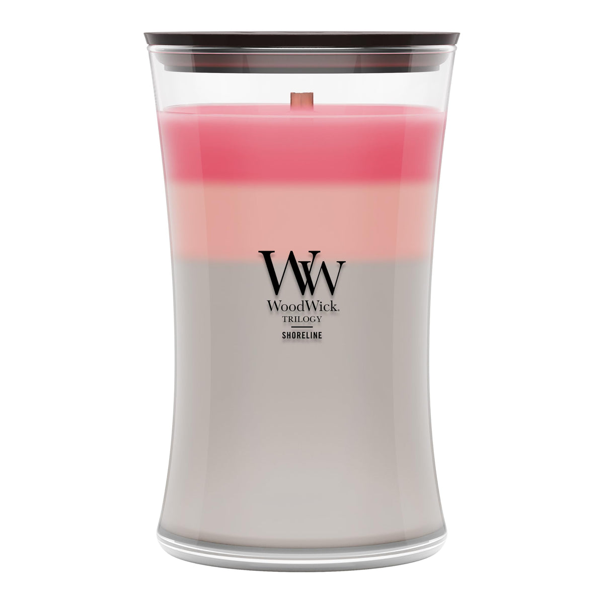 WoodWick vela Shoreline frente mostrando jarra hourglass y diseño elegante