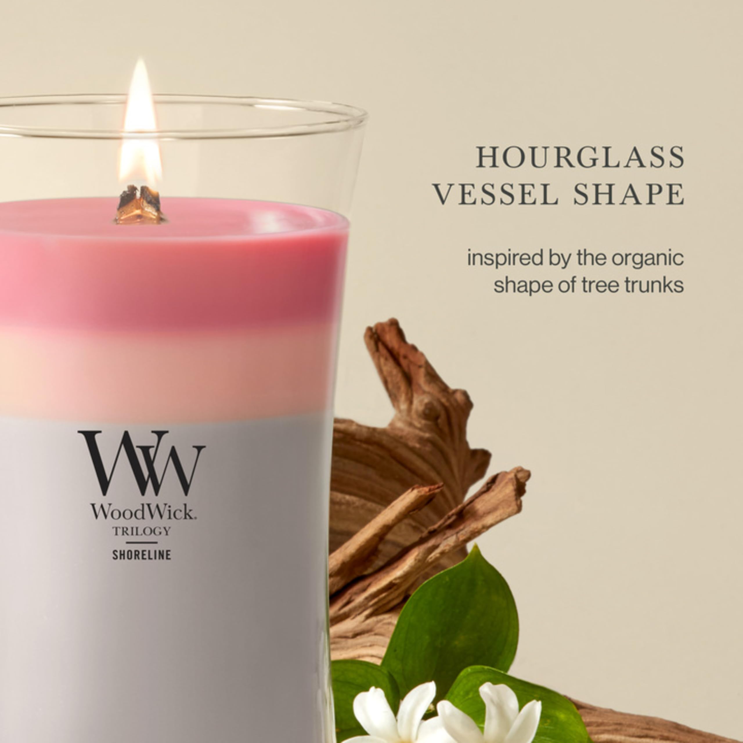 WoodWick jarra hourglass vista lateral aumenta la piscina de cera y fragancia