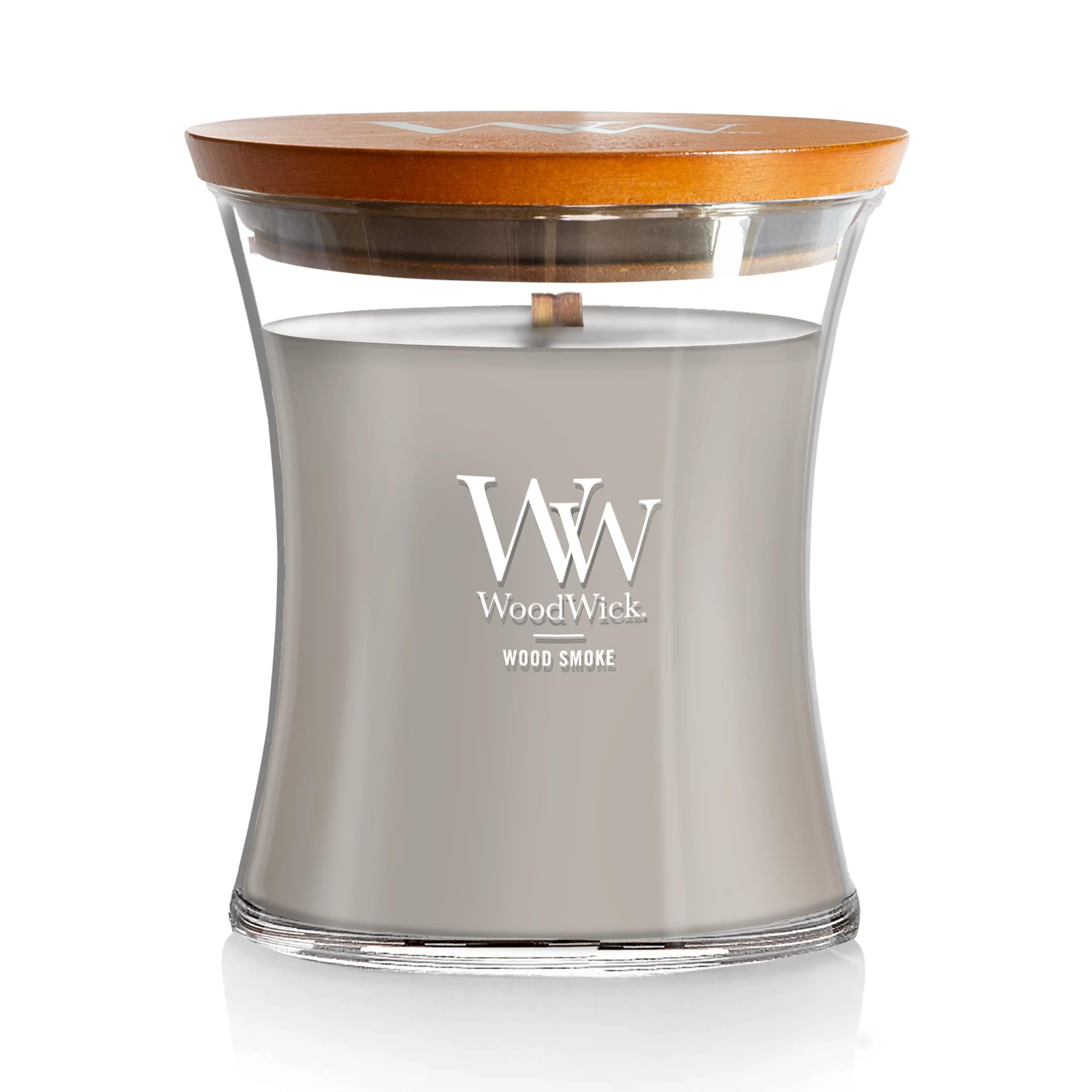 WoodWick(ウッドウィック) vela Wood Smoke frontal con llama y ambiente cálido