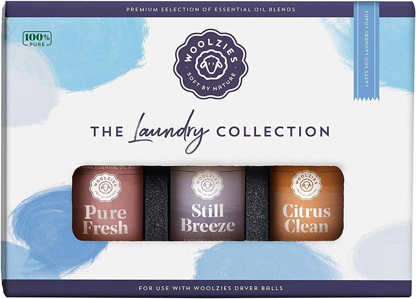 Woolzies estuche frontal mostrando los tres aceites para perfumar ropa y hogar
