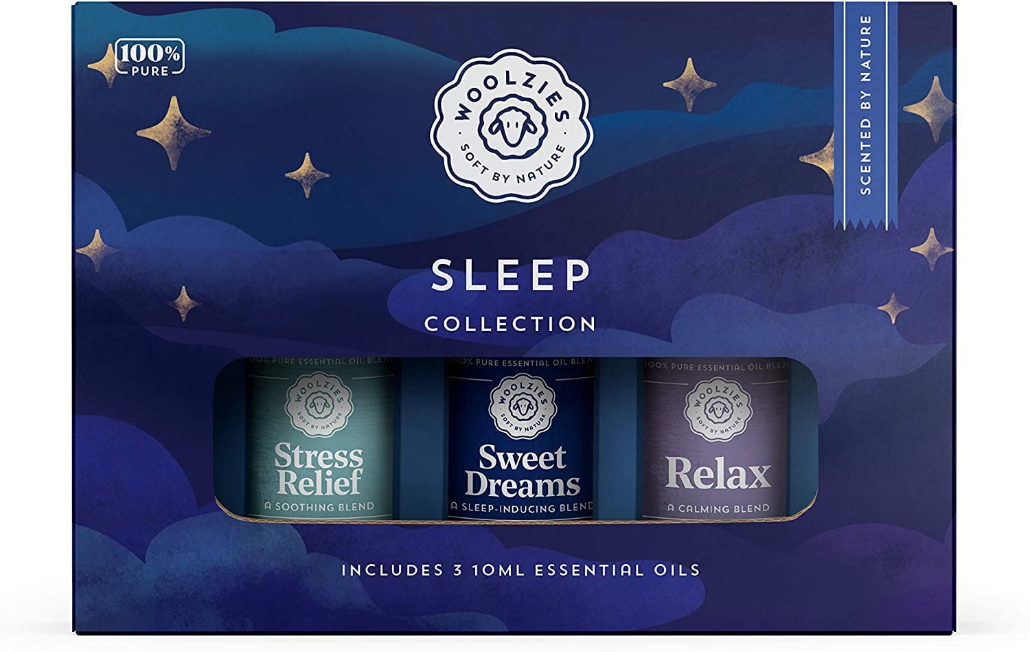 Woolzies frasco frontal de la colección Sleep mostrando etiqueta y ambiente relajante