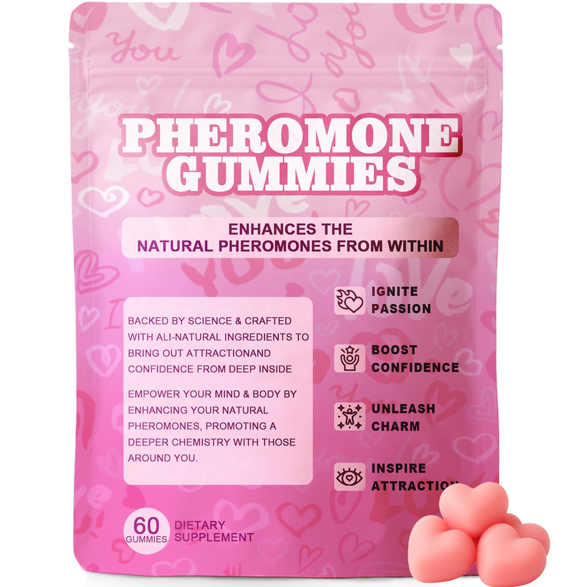 WOVOEO empaque frontal que muestra las gomitas y beneficios visibles