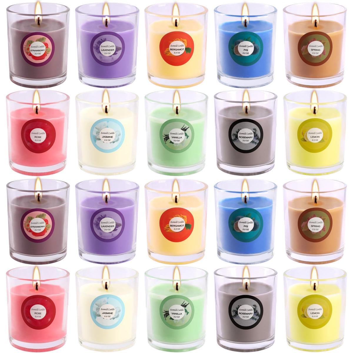 WREXCS vista frontal del empaque mostrando 20 velas y variedad de colores