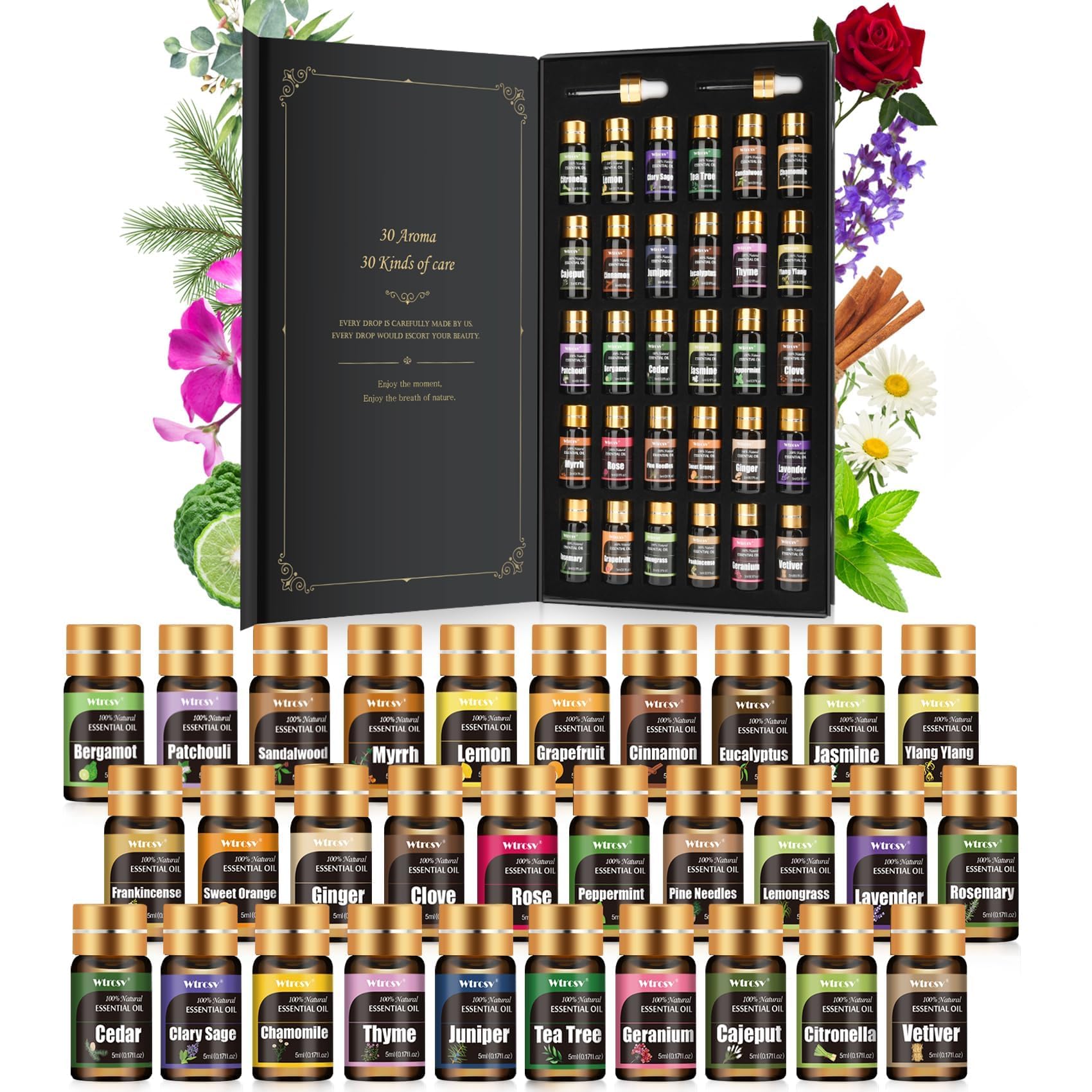 Wtrcsv caja abierta con 30 aceites, muestra variedad y conveniencia