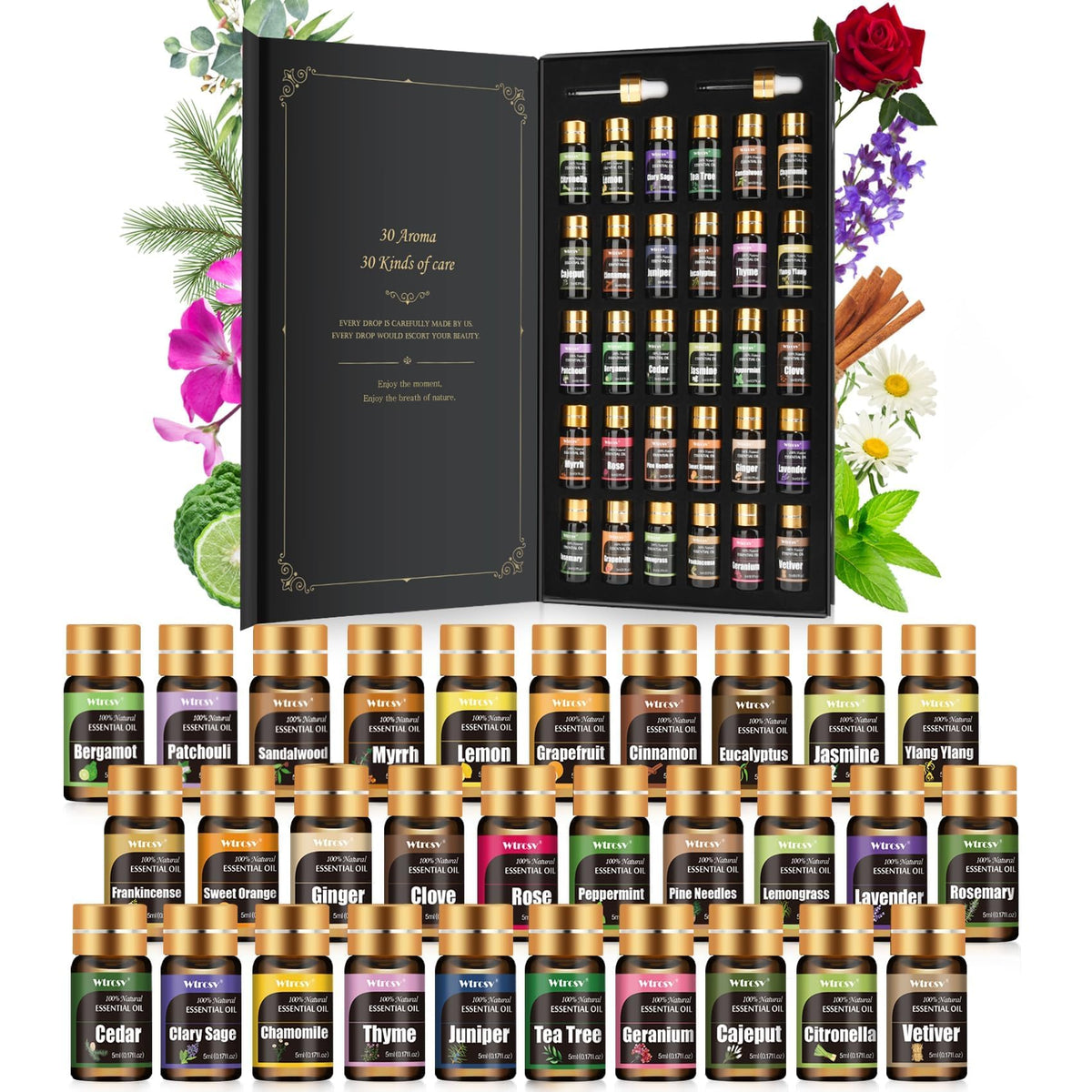 Wtrcsv caja abierta con 30 aceites, muestra variedad y conveniencia