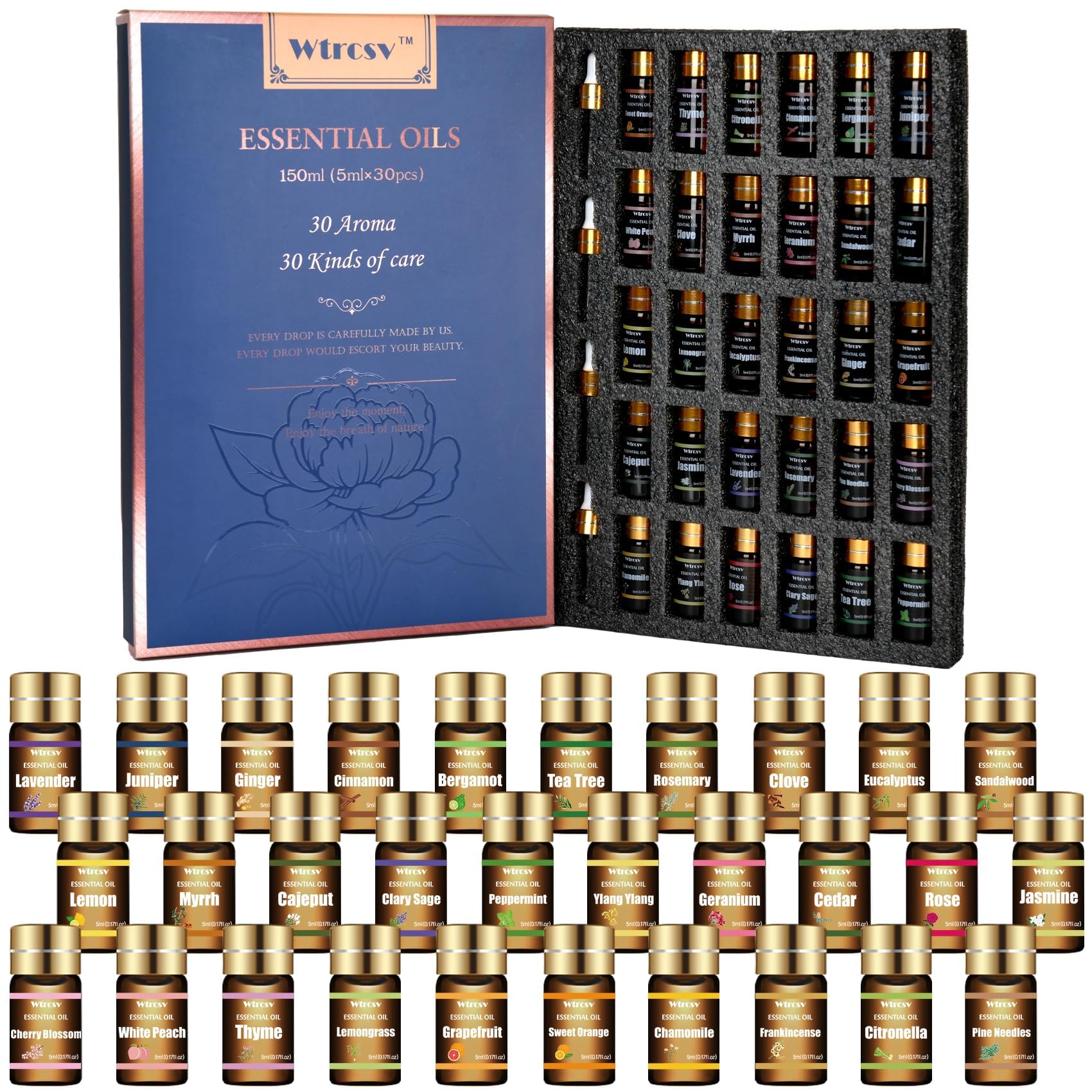 Wtrcsv vista frontal del set de 30 aceites esenciales, variedad aromática