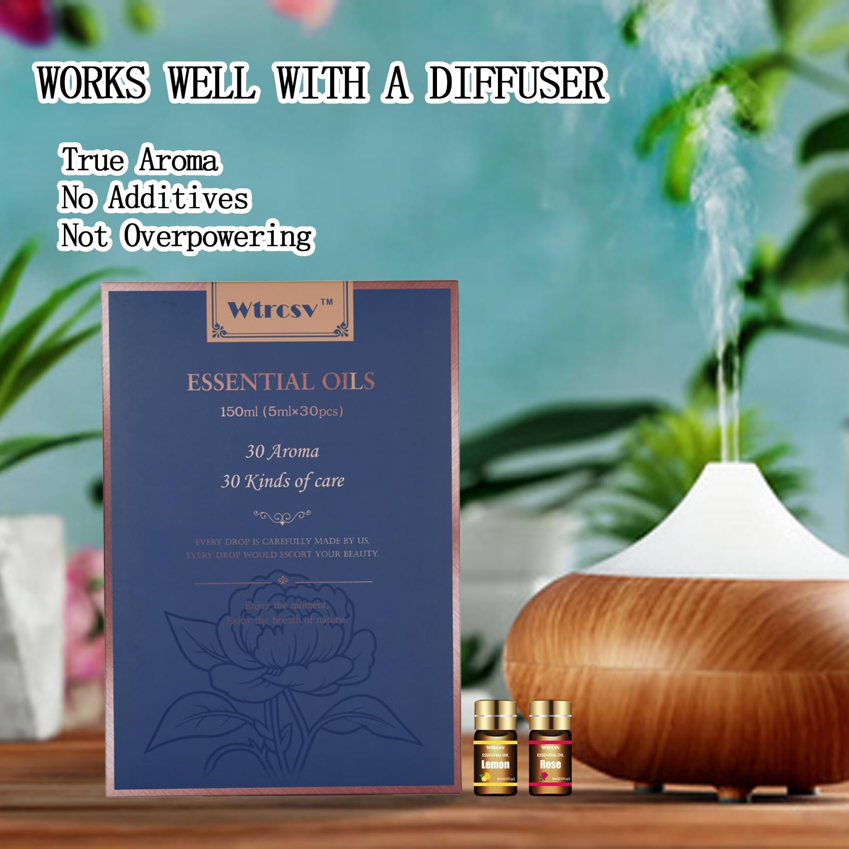 Wtrcsv frasco junto a difusor en funcionamiento, aroma ambiental inmediato