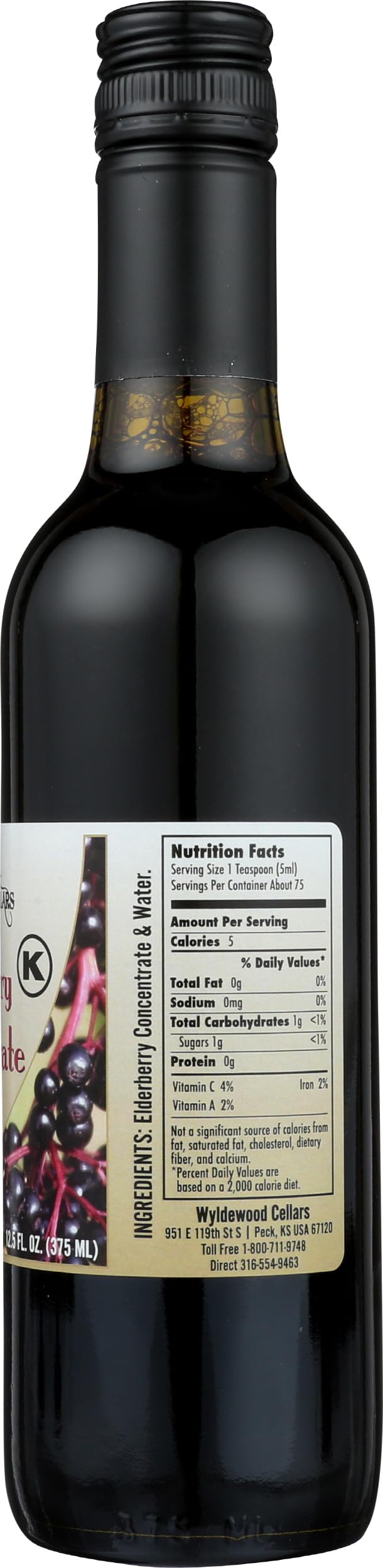 Wyldewood Cellars etiqueta con certificaciones Kosher y Non-GMO, lectura clara