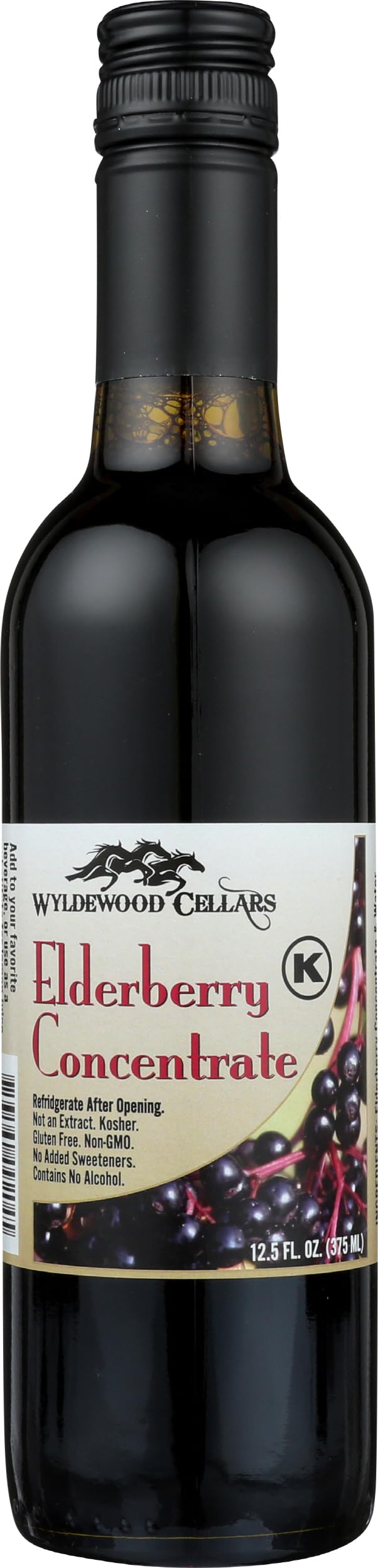 Wyldewood Cellars frasco frontal de concentrado de saúco, muestra claro y natural