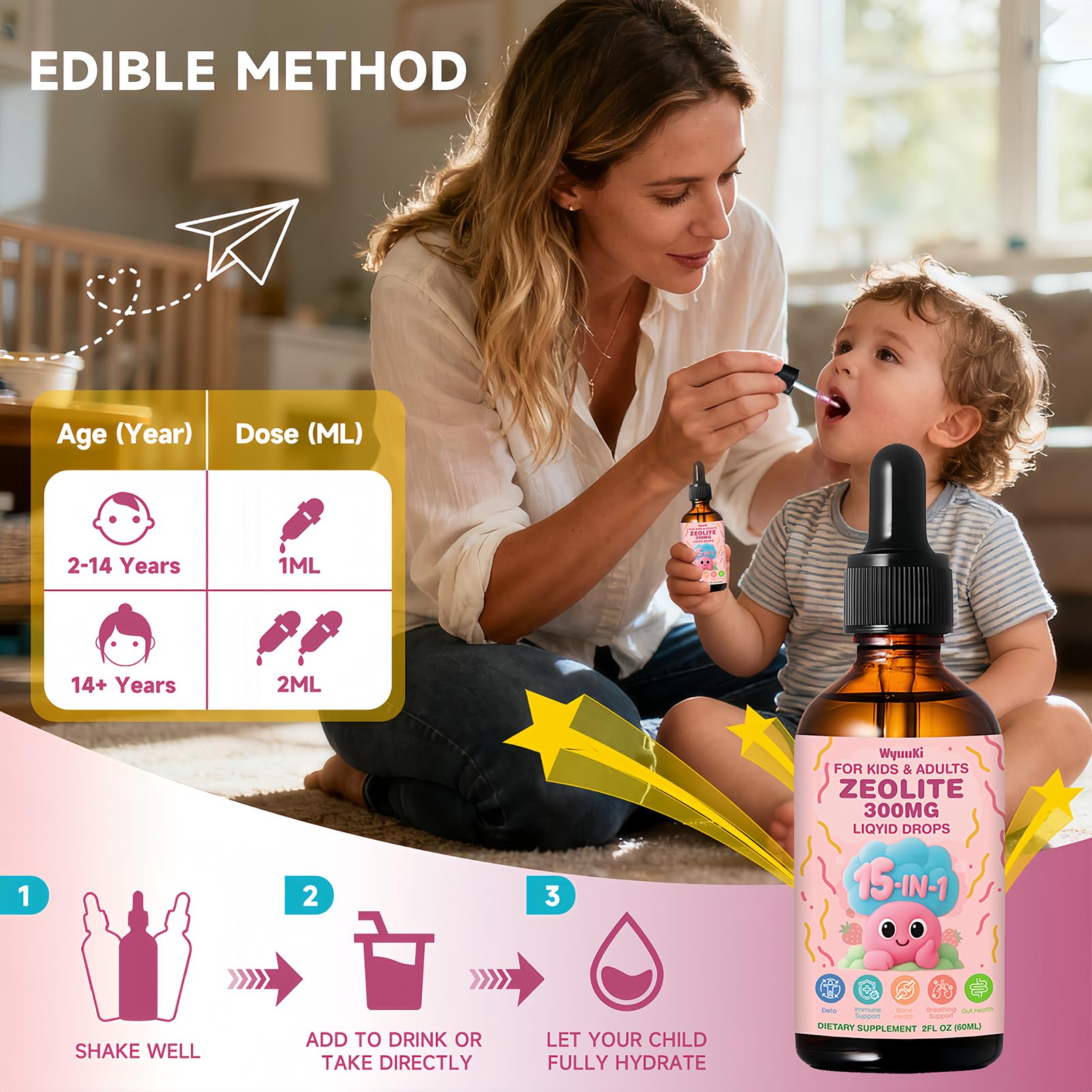 WyuuKi etiqueta con lista de ingredientes, confirma vitaminas y zeolita