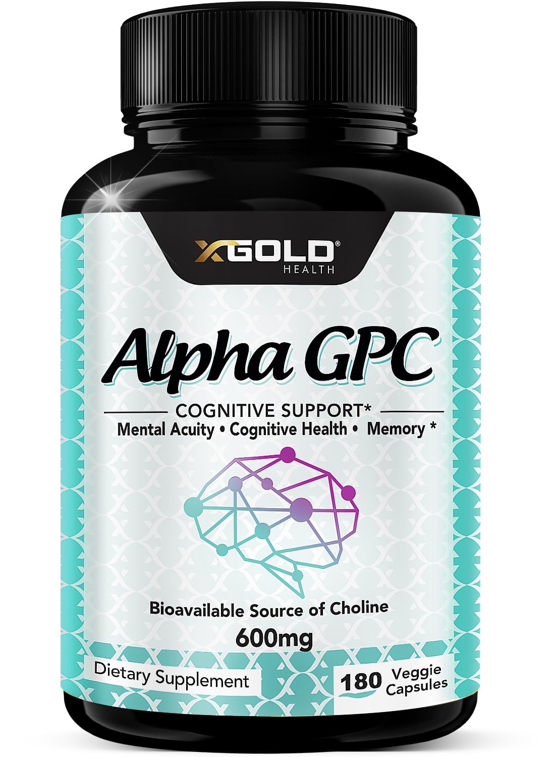 X Gold Health envase frontal mostrando 180 cápsulas y pureza
