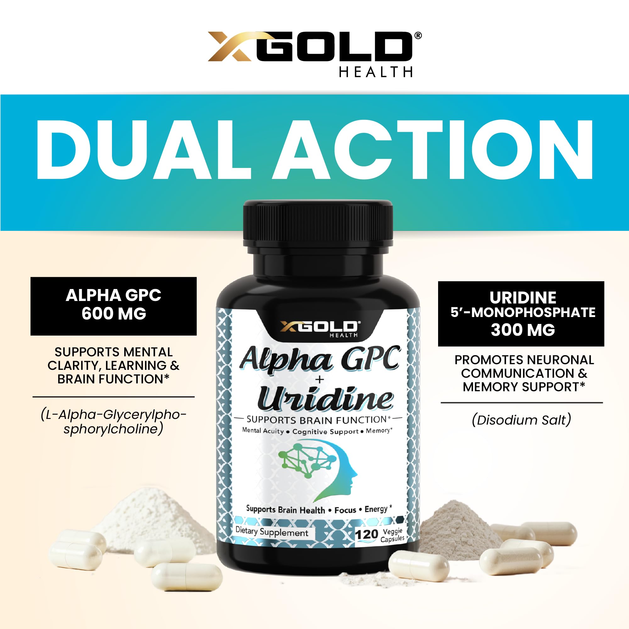 X Gold Health detalle polvo Alpha GPC mostrando pureza y textura