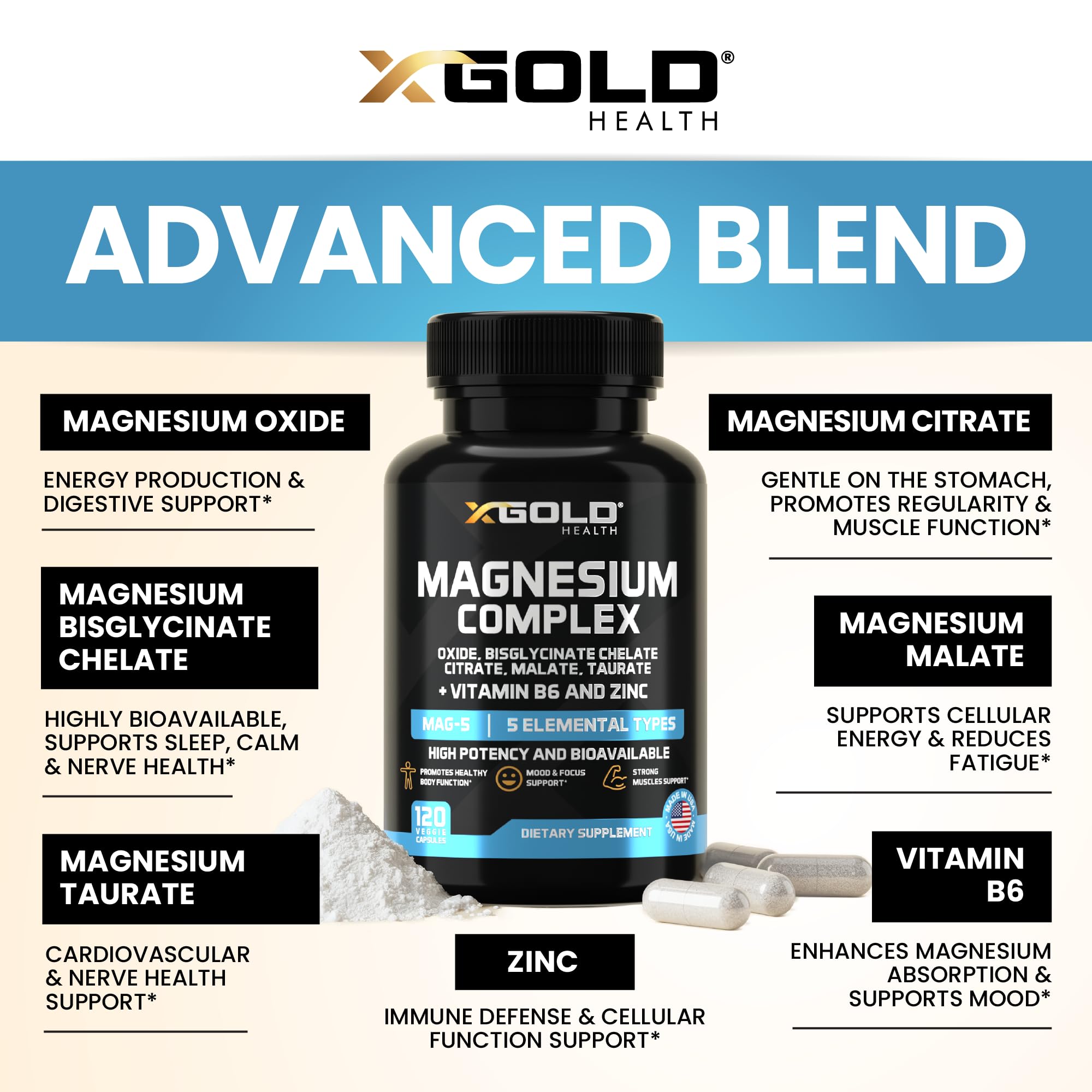 X Gold Health etiqueta con lista de ingredientes y certificaciones de calidad