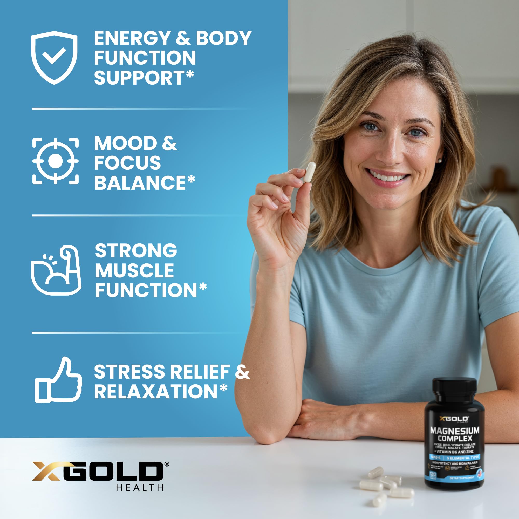 X Gold Health cápsula en mano que muestra tamaño y facilidad para tragar