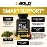 X Gold Health cápsula sostenida en mano para mostrar escala