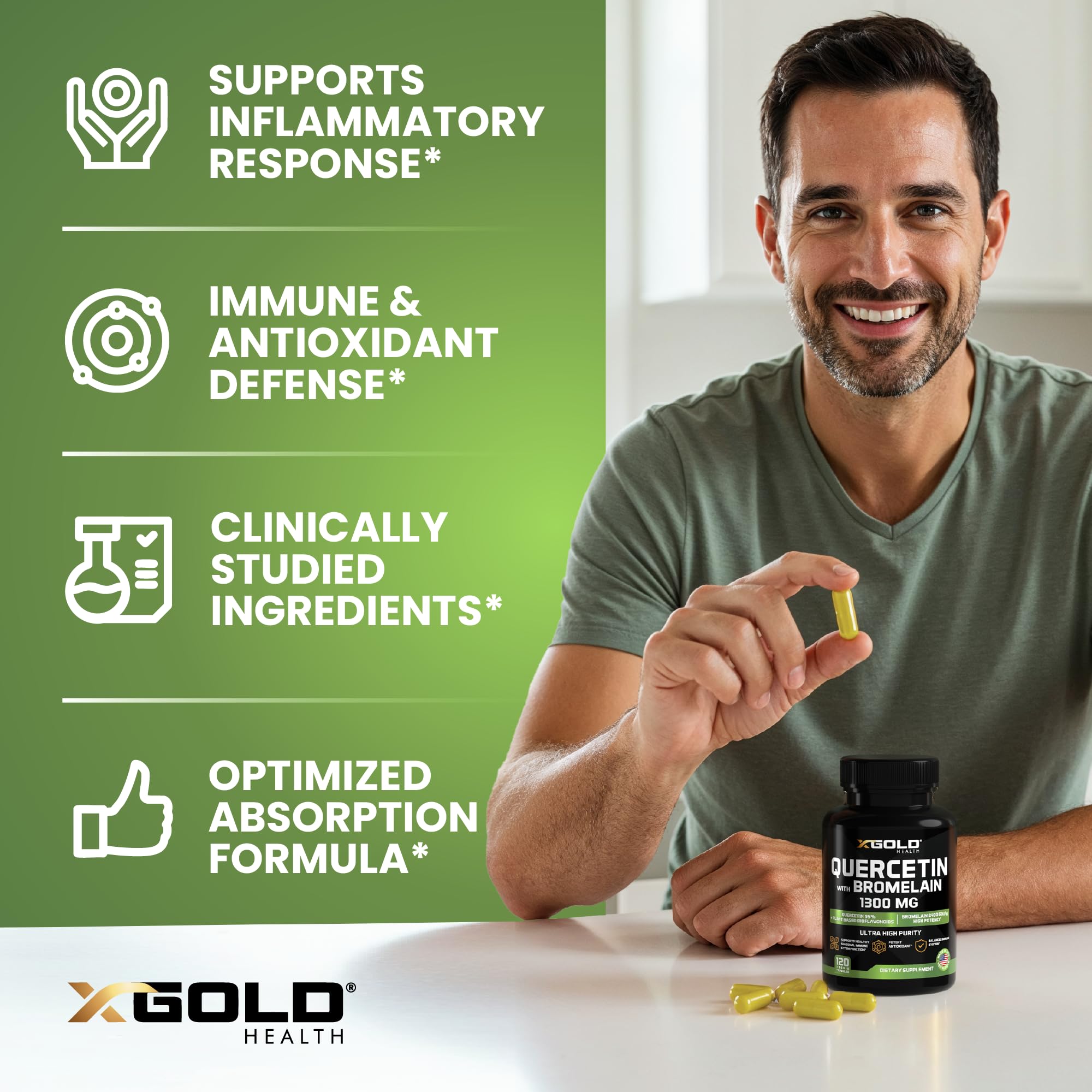 X Gold Health cápsula en mano para mostrar tamaño y facilidad de ingestión