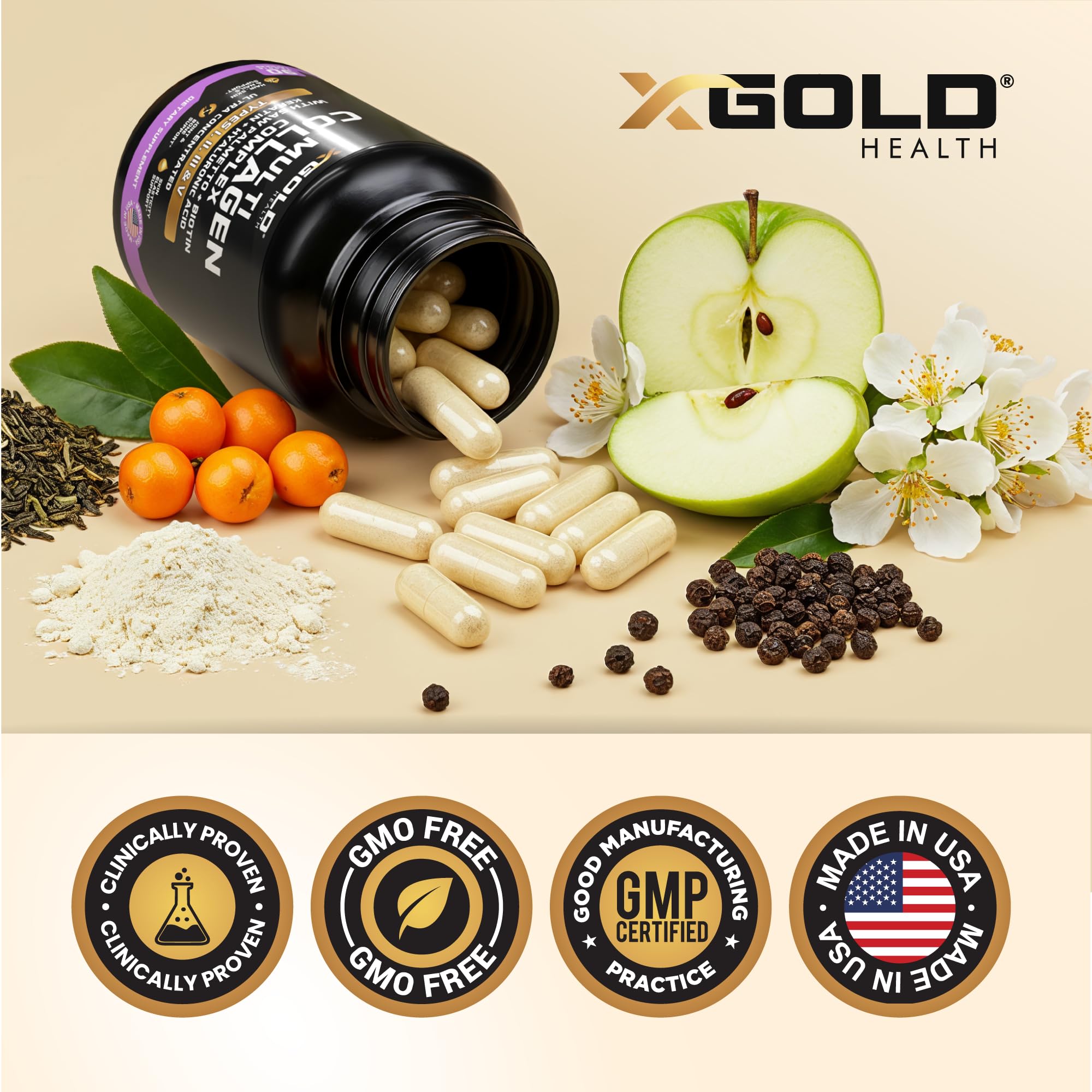X Gold Health varias cápsulas desplegadas que destacan la conveniencia