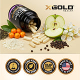 X Gold Health varias cápsulas desplegadas que destacan la conveniencia