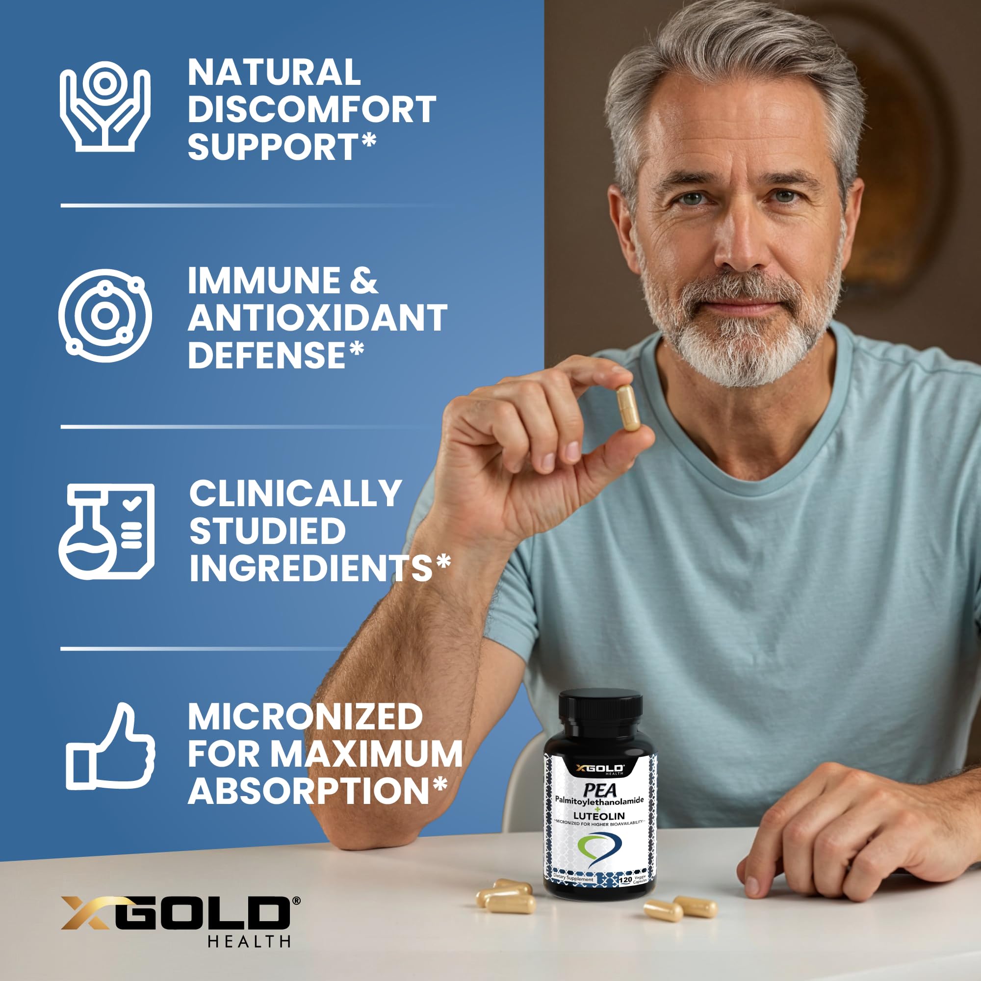 X Gold Health cápsulas en mano para comparar tamaño y dosificación