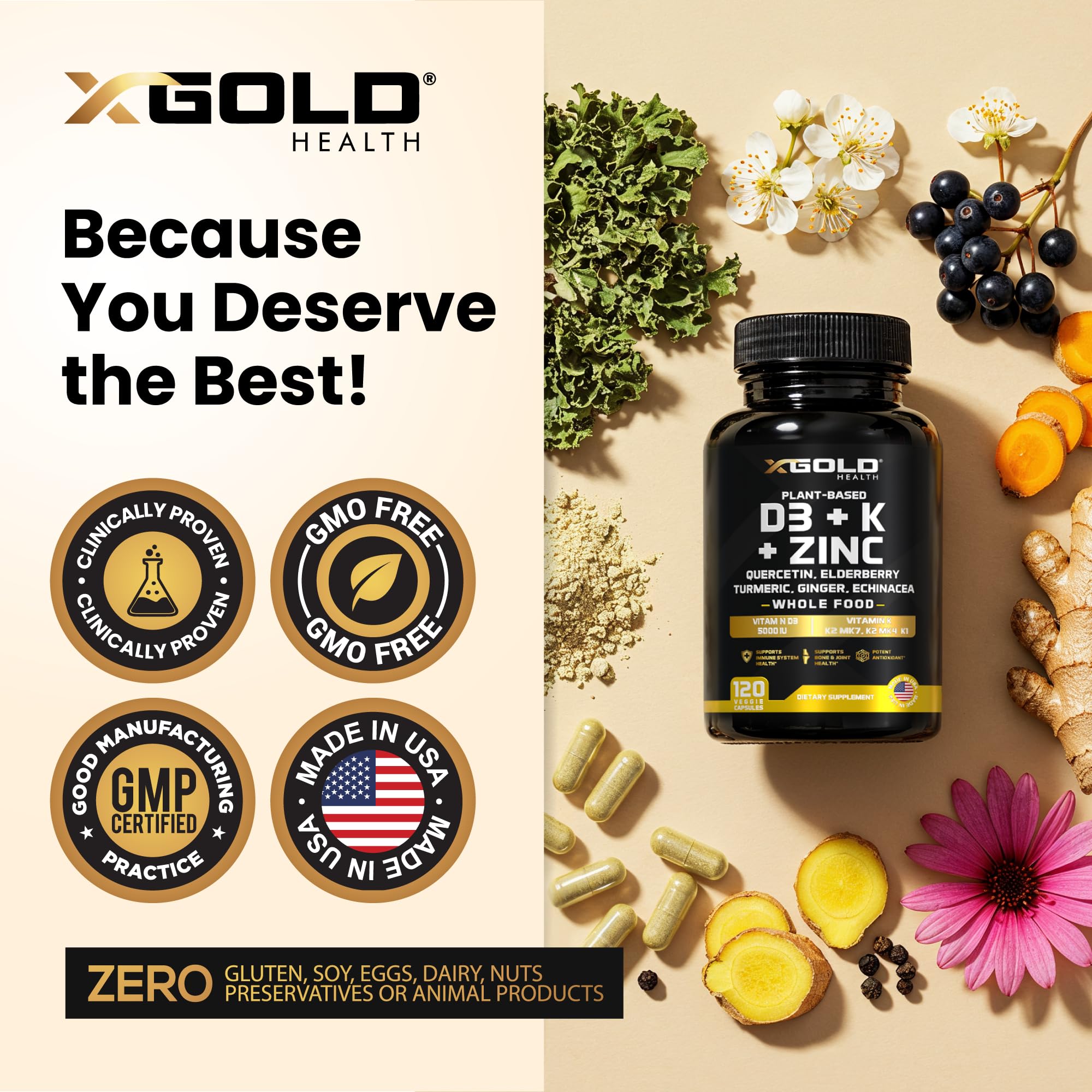 X Gold Health frasco con cápsulas sobre fondo natural, aspecto saludable