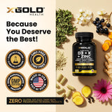 X Gold Health frasco con cápsulas sobre fondo natural, aspecto saludable