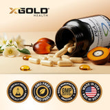 X Gold Health cápsulas vista superior apiladas, consistencia uniforme